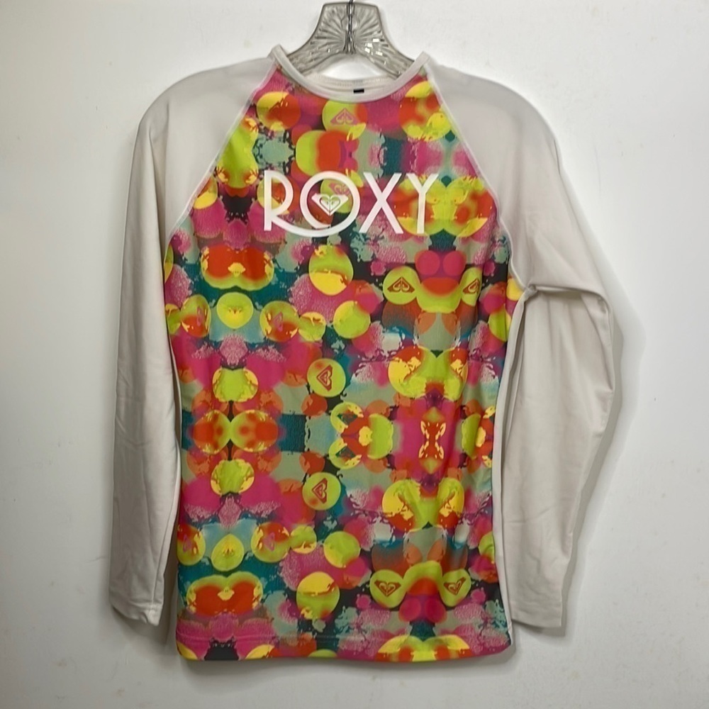 ROXY girls long sleeved UV rash guard white orange pink XL swim water shirt